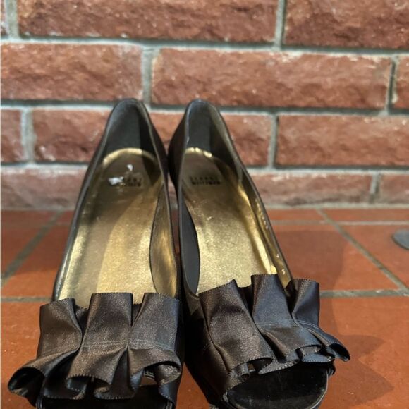 Stuart Weitzman Brown Satin Peep-Toe Heels with Ruffle - Picture 5 of 11